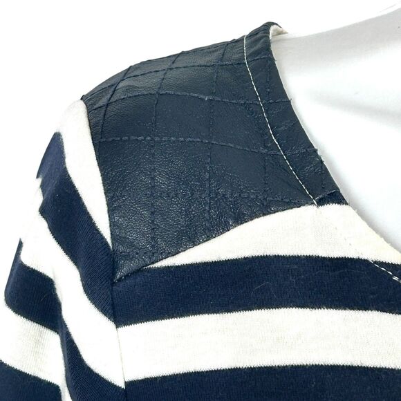 Tommy Hilfiger L Knit Top Faux Leather Yokes Navy Blue White Stripes 3/4 Sleeve - Picture 3 of 8